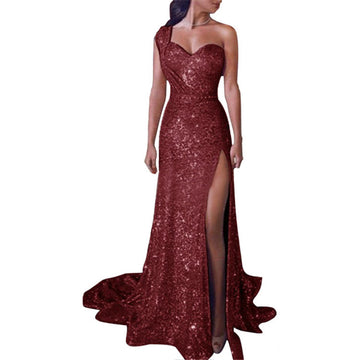 One-shoulder Sleeveless Bronzing Dress Slit
