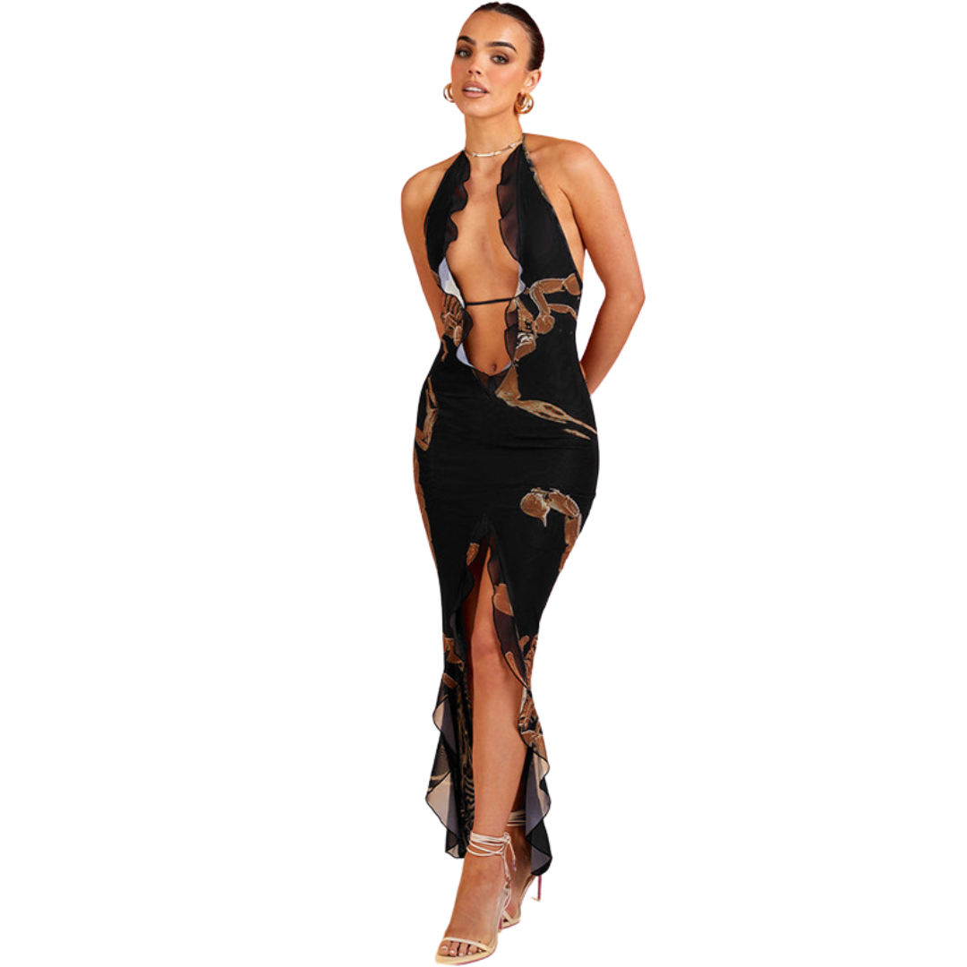 Printed Halter Strap Long Dress