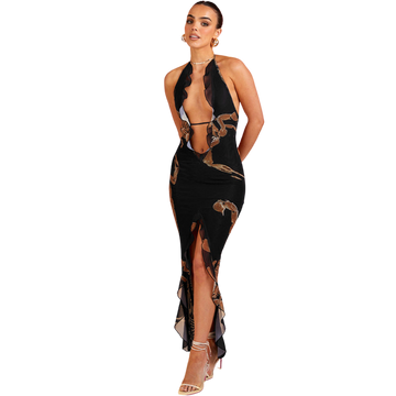 Printed Halter Strap Long Dress